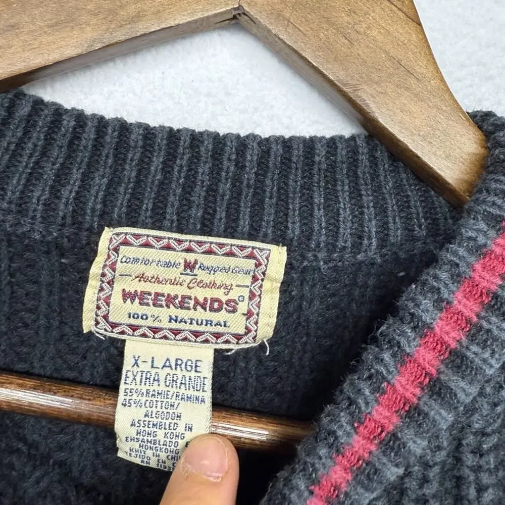 Vintage Weekends Sweater Men's XL Black red Boxy Thick Heavy Tight Knit 90s